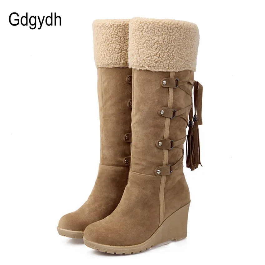 Gdgydh Fashion Scrub Plush Snow Boots Women Wedges Knee-high Slip-resistant Boots Thermal Female Cotton-padded Shoes Warm Winter