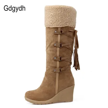 Gdgydh Fashion Scrub Plush Snow Boots Women Wedges Knee-high Slip-resistant Boots Thermal Female Cotton-padded Shoes Warm Winter