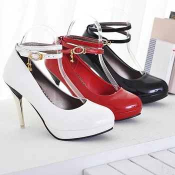 New Fashion Sexy Ankle Strap Buckle Platform High Heels Women Shoes Patent leather Round Toe Thin heel Pumps
