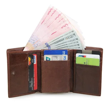 Vintage men wallet genuine leather short design Multi-function three fold purse more card bit money clip