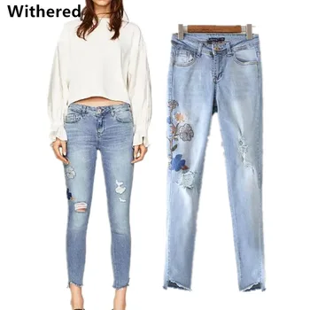 Withered women jeans 2017 hole Nail bead embroidery of floral gigh quality elastic pencil jeans denim skinny jeans women plus
