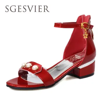 2017 SGEVIER Women sandals elegant cute sweety style woman pearl solid buckle med square heel woman sandals sc539