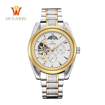 OUYAWEI Brand Gold Mechanical Watches Luxury Automatic Watch Mens Stainless Steel Skeleton Wristwatches Reloj Hombre Gift Clocks