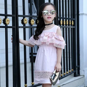 Girls dresses summer 2016 with lace kids clothes little teenage girls clothing white pink yellow girls dress clothes