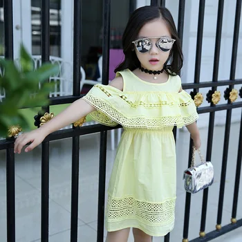 Girls dresses summer 2016 with lace kids clothes little teenage girls clothing white pink yellow girls dress clothes