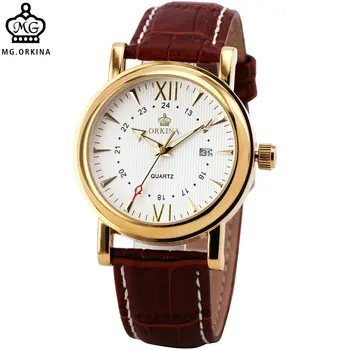 2017 ORKINA Fashion Luxury Watches For Men Soft Leather Strap Male 24-hour Quartz Wrist Watches Luminous Hands Waterproof Clock