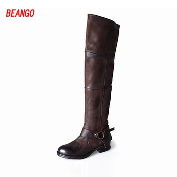 BEANGO Handsome Women Knight Boots Low Heel Casual Do Old Leather Vintage Over Knee Boots Buckle Belt Long Boots Woman