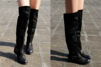 BEANGO Handsome Women Knight Boots Low Heel Casual Do Old Leather Vintage Over Knee Boots Buckle Belt Long Boots Woman