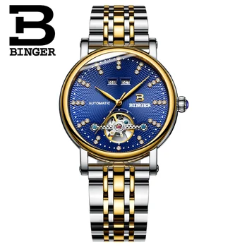 Automatic Watch Men Switzerland Luxury Brand BINGER Clock Waterproof Mechanical Watches Skeleton Dial Blue New 2017