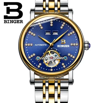 Automatic Watch Men Switzerland Luxury Brand BINGER Clock Waterproof Mechanical Watches Skeleton Dial Blue New 2017
