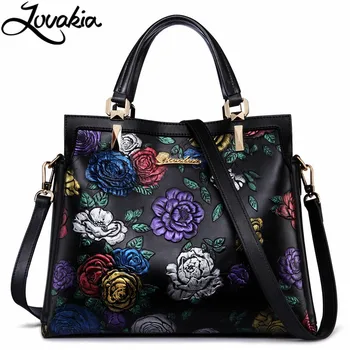 Lovakia Genuine Leather Bag Brands Top Handle Women Bag Luxury Embossed Floral Handbag New Fashion Shoulder Bags