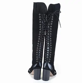 BEANGO 2017 Summer Style Knee High Boots Open Toe Back Lace Up Gladiator Boots For Women Chunky High Heel Cut Out Bota Women