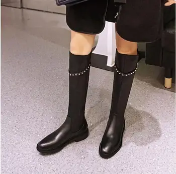 2017 Fashion Rivet Knee High Women Boots Winter Genuine Leather Knee High Motorcycle Boots Knee High Women Boots