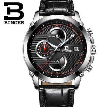 BINGER Chronograph Casual Watch Men Luxury Brand Quartz Military Sport Watch Genuine Leather Men's Wristwatch relogio masculino
