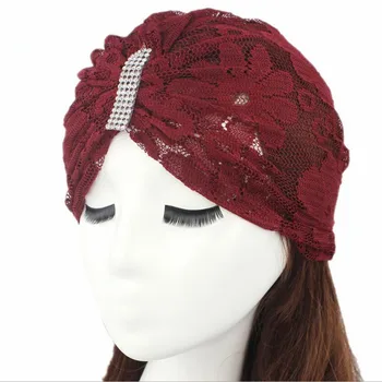 2017 Fashion hat Burgundy Solid Wrinkle Chevron Indian Turban Hats Cap Lace Floral Rhinestone Hijab For Women Ladies