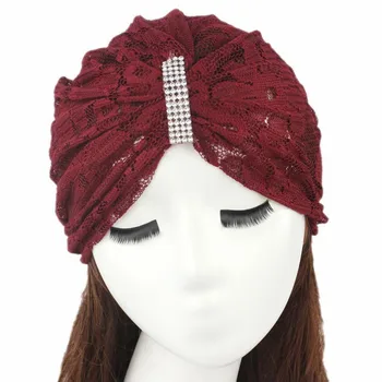 2017 Fashion hat Burgundy Solid Wrinkle Chevron Indian Turban Hats Cap Lace Floral Rhinestone Hijab For Women Ladies