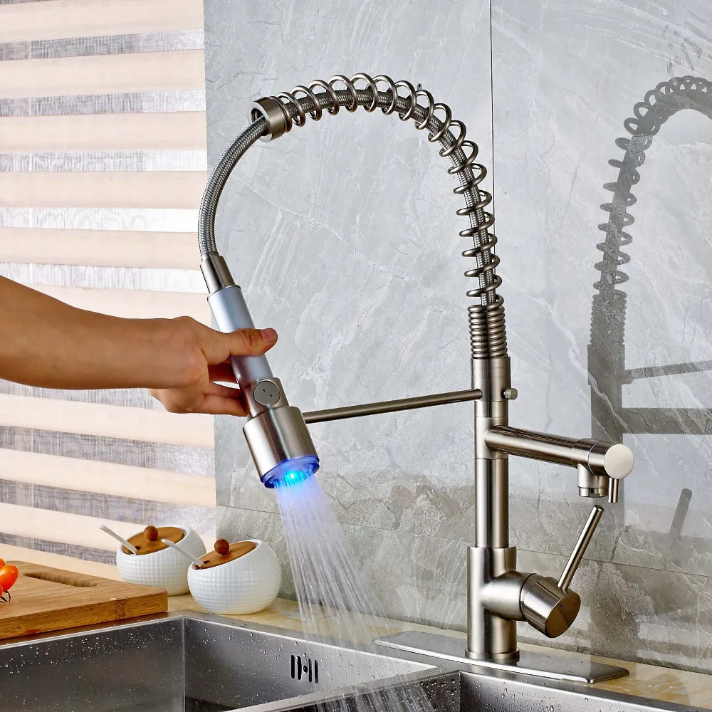 Deck Mount Brushed Nickel Kitchen Faucet Spring Dual Spout Vessel Sink Mixer Tap