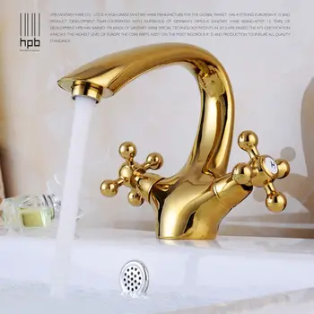 HPB Solid Brass golden Bathroom Basin Faucet Single Hole Double Handle Hot and Cold Water Mixer Tap torneira HP8005