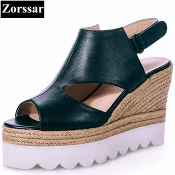 2017 Summer Genuine leather Womens shoes peep toe wedges High heels sandals Fashion straw Women platform pumps shoes plus size