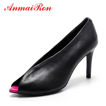 ANMAIRON Genuine Leather Peep Toe Women Pumps High Heels Shoes Woman Slip-On Party Wedding Pumps Summer Womens Shoes Red Black