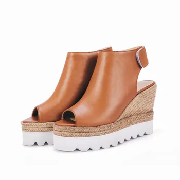 2017 Summer Genuine leather Womens shoes peep toe wedges High heels sandals Fashion straw Women platform pumps shoes plus size