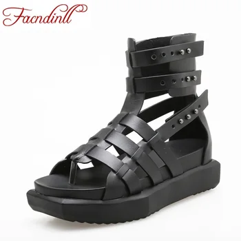 Rome style women sandals 2017 fashion flip flops real leather gladiator sandals women shoes black white platform zapatos mujer