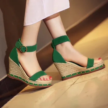 Summer woman shoes high heels platform wedges sandals gladiator sandals Green 2017 Fashion rivets suede women peep toe pumps