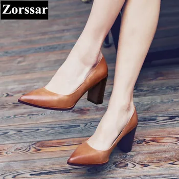 Brown Womens shoes high heels Pointed Toe pumps women 2017 NEW Fashion Genuine leather thick heel shoes woman high heel