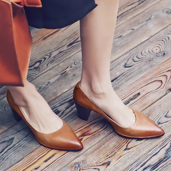 Brown Womens shoes high heels Pointed Toe pumps women 2017 NEW Fashion Genuine leather thick heel shoes woman high heel