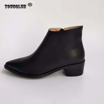 YOUGOLUN Women Winter Genuine Leather Ankle Boots Ladies Mid Square Heels(4.5cm)Woman Pointed Toe Shoe Fashion Woman Black Boots