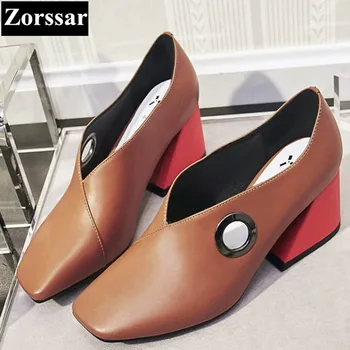 Genuine leather Womens shoes high heel pumps women Work shoes Brown 2017NEW comfort thick heel square toe shoes woman high heels