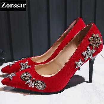 2017 NEW Genuine leather Womens shoes rhinestone high heels sexy thin heels pointed toe pumps women High heel shoes