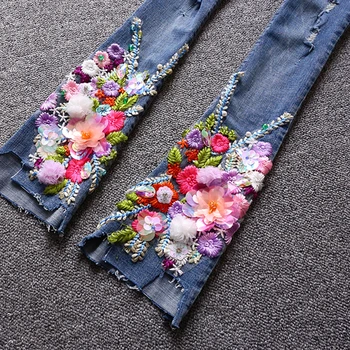 Elegant Jeans 2017 Spring & Summer New Fashion Slim 3D Sequined Beading Zipper Ripped Embroidery Blue Flare Pant