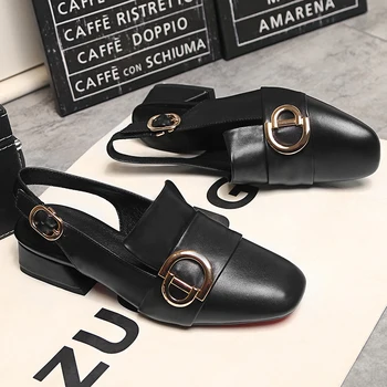 ANMAIRON Office Shoes Woman Square Toe Chunky Heels Mules Pumps Low Heels Black Buckle Classic Black White Shoes Women Pumps