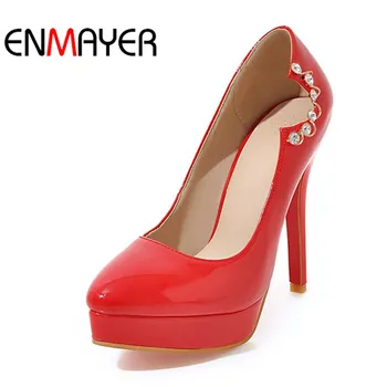 ENMAYER Sweet Woman Pumps Round Toe Super High Heel Shoes Casual Buckle Strap Spring&Autumn Red White Color Pumps for Women