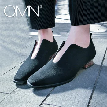 QMN women genuine leather pumps Women Natural Suede Retro Hoof Heel Square Toe Court Shoes Woman Shallow Heels Scarpin