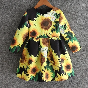 Brand sunflower jacquard pleated dress mother and daughter dresses family clothes children dress mom baby girls matching dresses