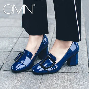 QMN women genuine leather pumps Women Buckled Square Toe Patent Leather Leisure Shoes Woman Strange Heels Pumps 34-40