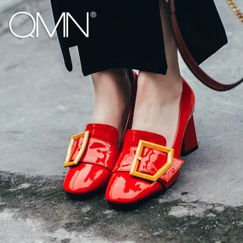 QMN women genuine leather pumps Women Buckled Square Toe Patent Leather Leisure Shoes Woman Strange Heels Pumps 34-40