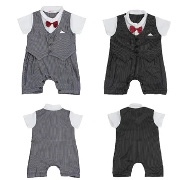 2017 Baby Boy Wedding Formal Tuxedo Suit Striped Romper Outfit+HAT Set 0-18M Newborn baby clothes