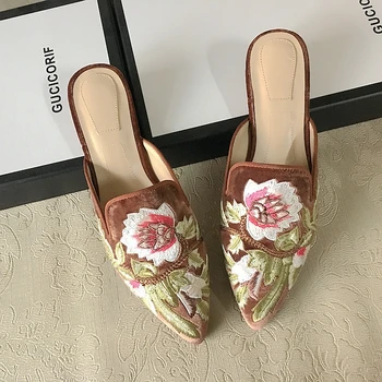 Ladies Women's New Fashion Spring Summer Charpie Embroidery Vamp Genuine Leather Sheepskin Lining Mules Slide Shoes Slippers