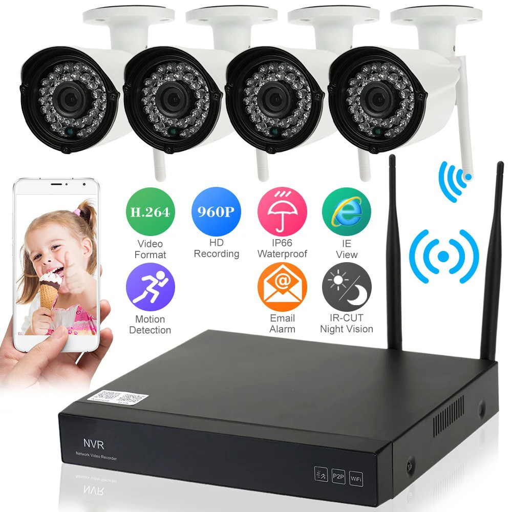4CH 1080P Security Camera System Kit 4CH Wifi NVR Recorder + 4pcs HD 1080P Wireless WiFi Waterproof IP Camera Outdoor