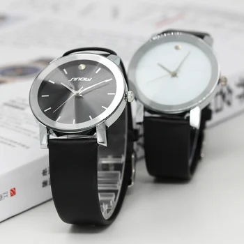 SINOBI Men Quartz Wristwatch Diamond Crystal Silver Case Watch Man Elegant Dress Men's Leather Strap Watche