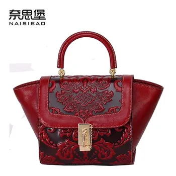 2016 New women genuine leather bag famous brands chinese style retro embossing quality women leather handbags shoulder wing bag