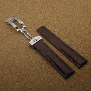 1pcs 19mm 20mm 22mm New MEN Watchband Black Brown Genuine Leather Strap Silver Butterfly Deployment Clasp strap wholesale price