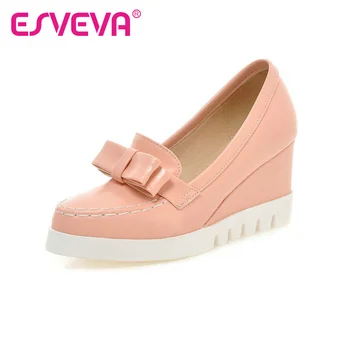 ESVEVA New Bow Tie Slip On Wedges High Heels Women Pumps Round Toe Pu Platform Autumn/Spring Lady Party Shoes Size 34-43 Pink