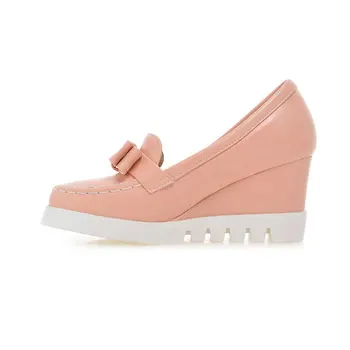 ESVEVA New Bow Tie Slip On Wedges High Heels Women Pumps Round Toe Pu Platform Autumn/Spring Lady Party Shoes Size 34-43 Pink