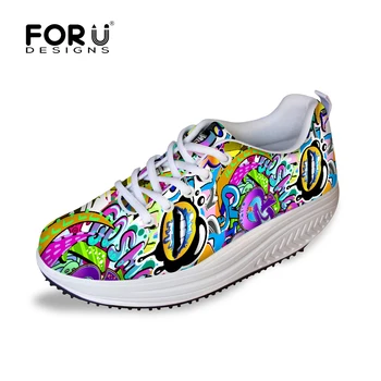 FORUDESIGNS Fashion Women Casual Slimming Swing Shoes Graffiti Pattern Wedge Platform Shoes for Female Lady Lace-up Shape Ups