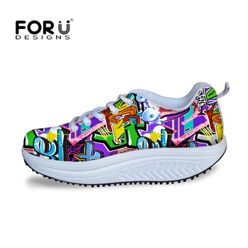 FORUDESIGNS Fashion Women Casual Slimming Swing Shoes Graffiti Pattern Wedge Platform Shoes for Female Lady Lace-up Shape Ups