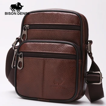 BISON DENIM 2017 Summer MINI Crossbody Bags Coffee Cowhide Genuine Leather Slim Shoulder Bag Men Messenger Bag for gift W2432-1Z